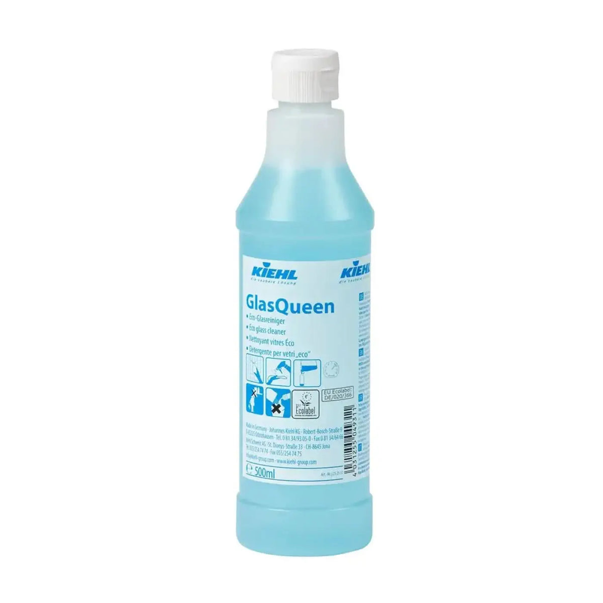 Klein glasqueen glasreiniger 500ml translucent hellblau plastikflasche mit weißem schraubverschluss und etikett