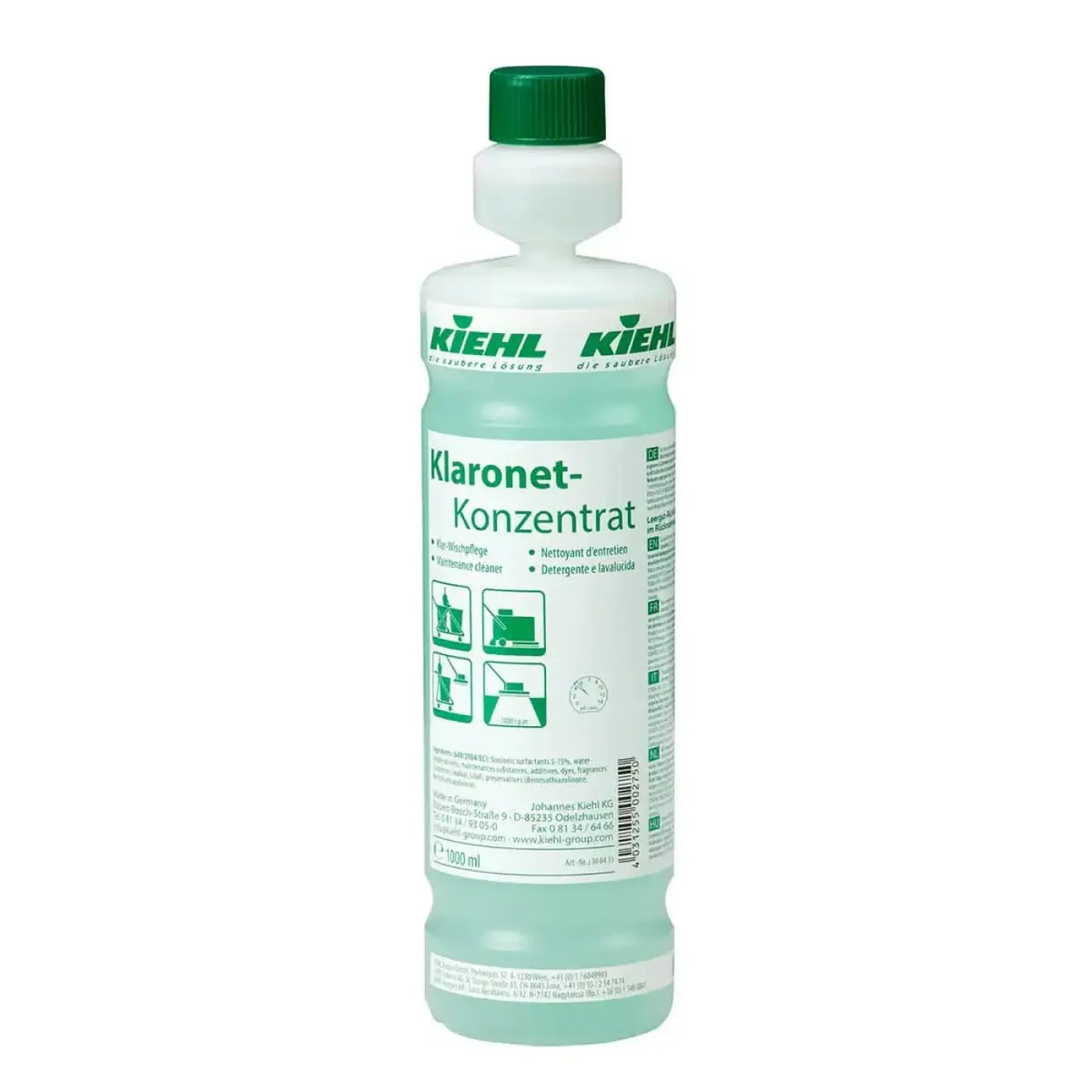 Eine durchscheinende hellgrüne kunststoffflasche mit grünem schraubverschluss und kiehl’s klaronet-konzentrat etikett