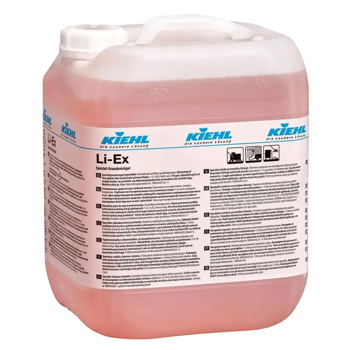 Rosa plastikkanne mit weißem etikett und blauer markierung für kiehl li-ex grundreiniger 10l reinigungslösung