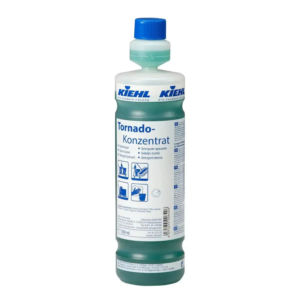 Eine durchscheinend grüne 1000 ml flasche kiehl tornado-konzentrat kraftreiniger mit blauem deckel und weißem etikett