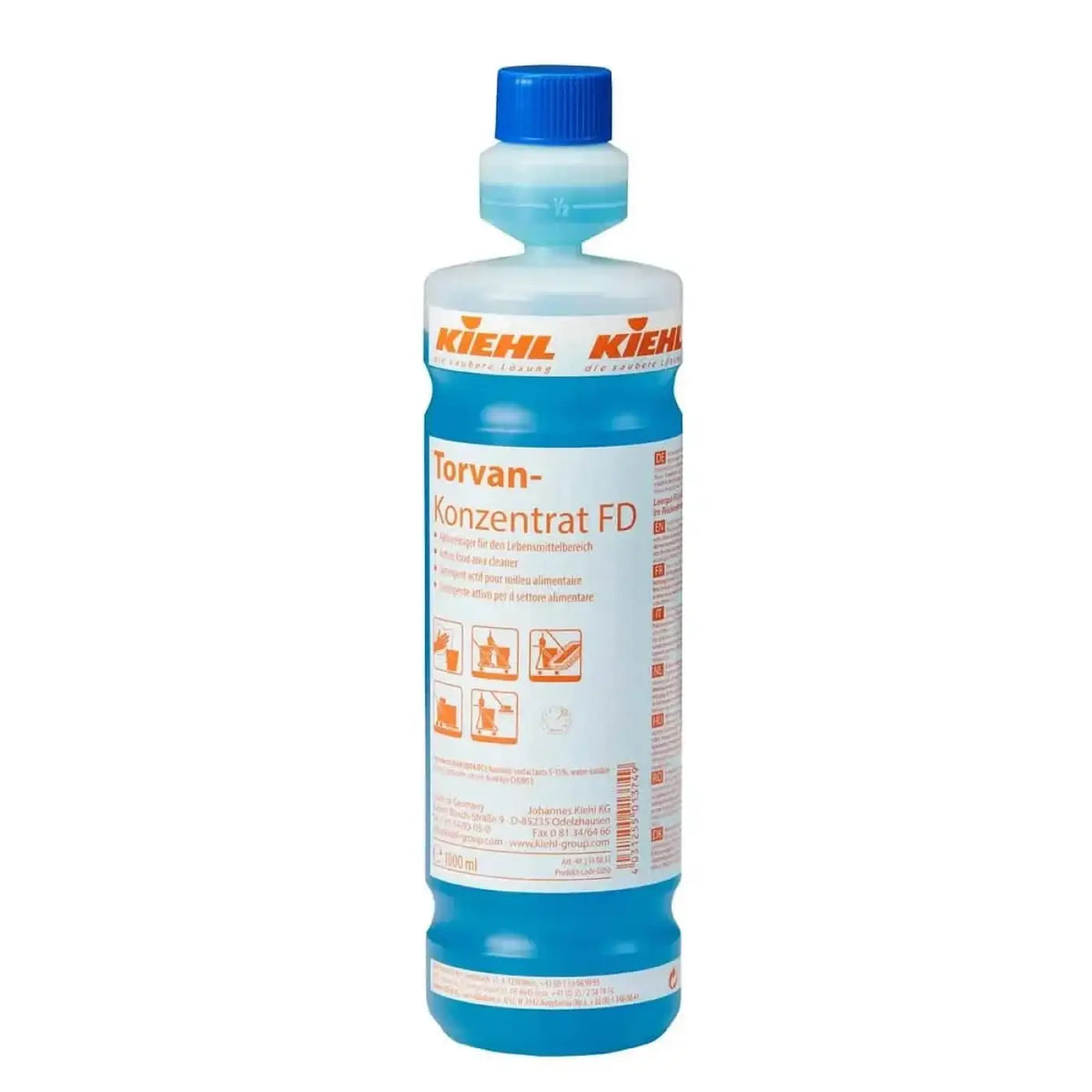 Eine blaue kiehl torvan-konzentrat fd reinigungskonzentrat in 1l flasche mit weißem etikett und passendem blauem verschluss