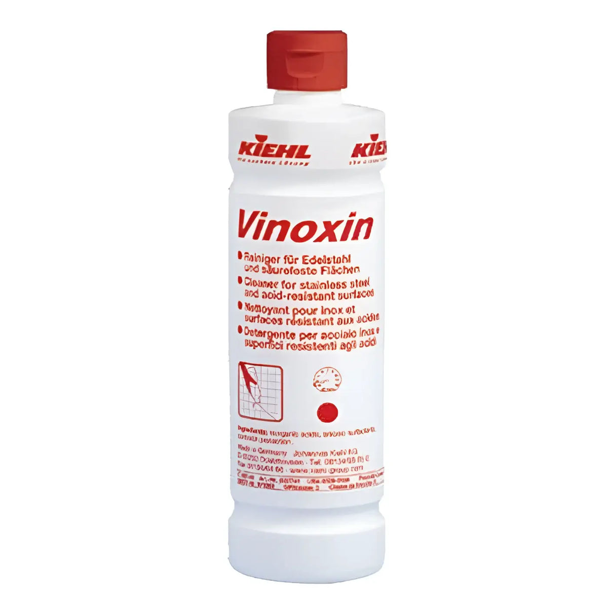 Weiße plastikflasche mit rotem deckel und etikett von kiehl vinoxin edelstahlreiniger 500ml für säurebeständige flächen