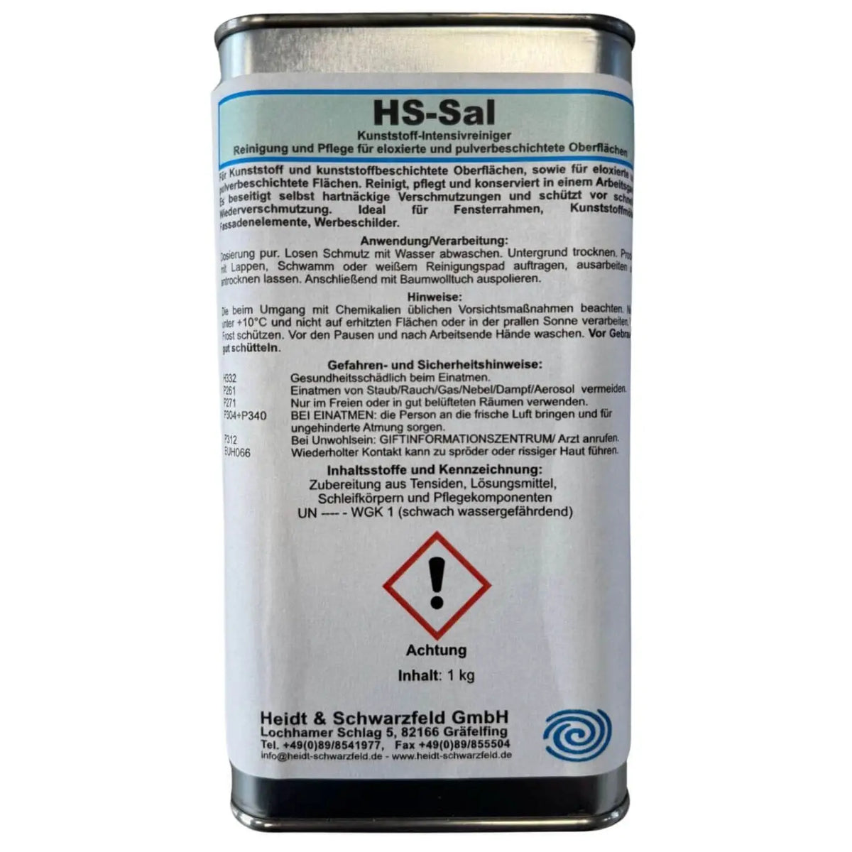Ein zylindrisches metallkanister mit silbernem körper und blauem etikett für intensiv-kunststoffreiniger für oxidierte oberflächen