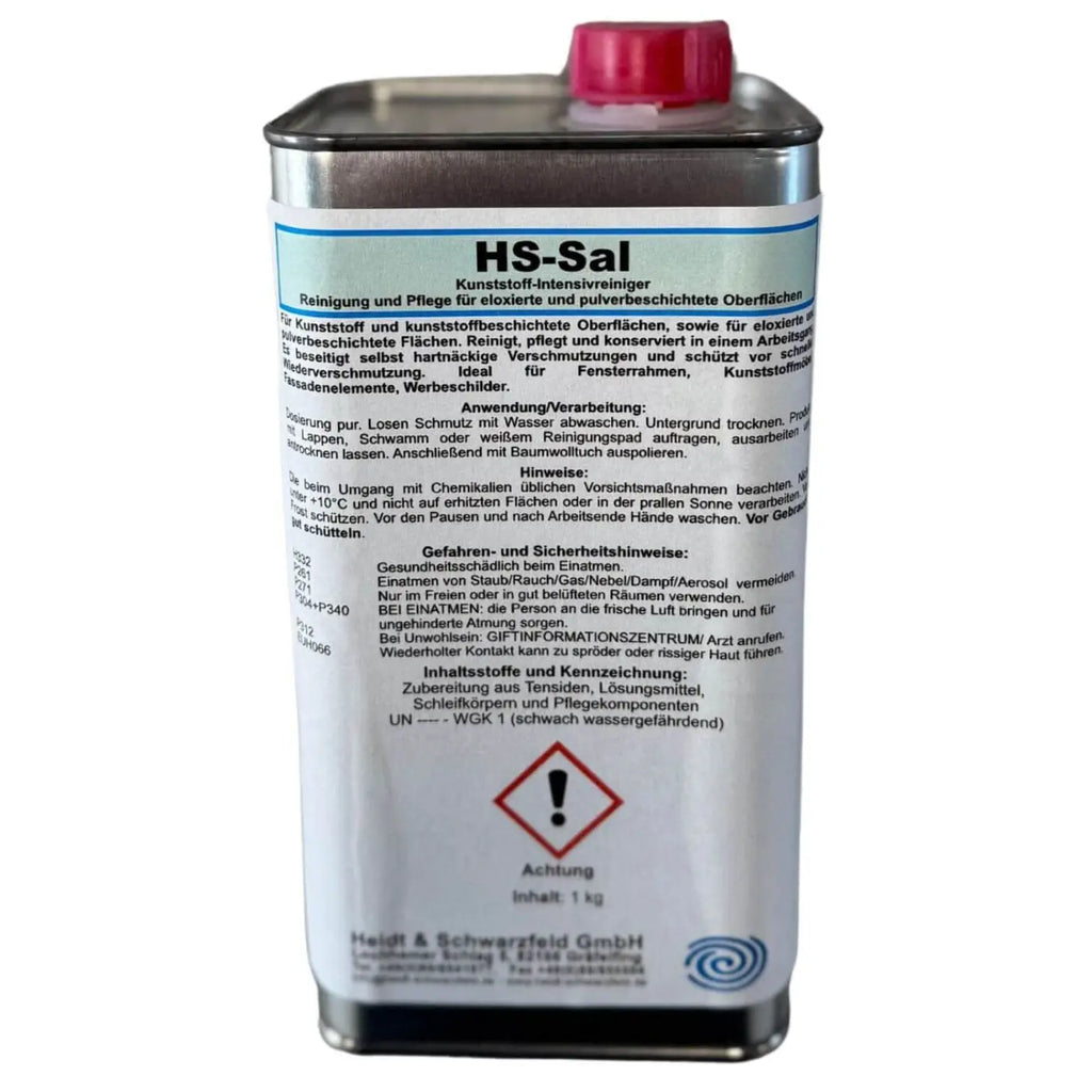 Ein zylindrisches metallblech mit rotem deckel und blau-weißem etikett für hs-sal kunststoff-intensivreiniger von heidt & schwarzfeld 1kg