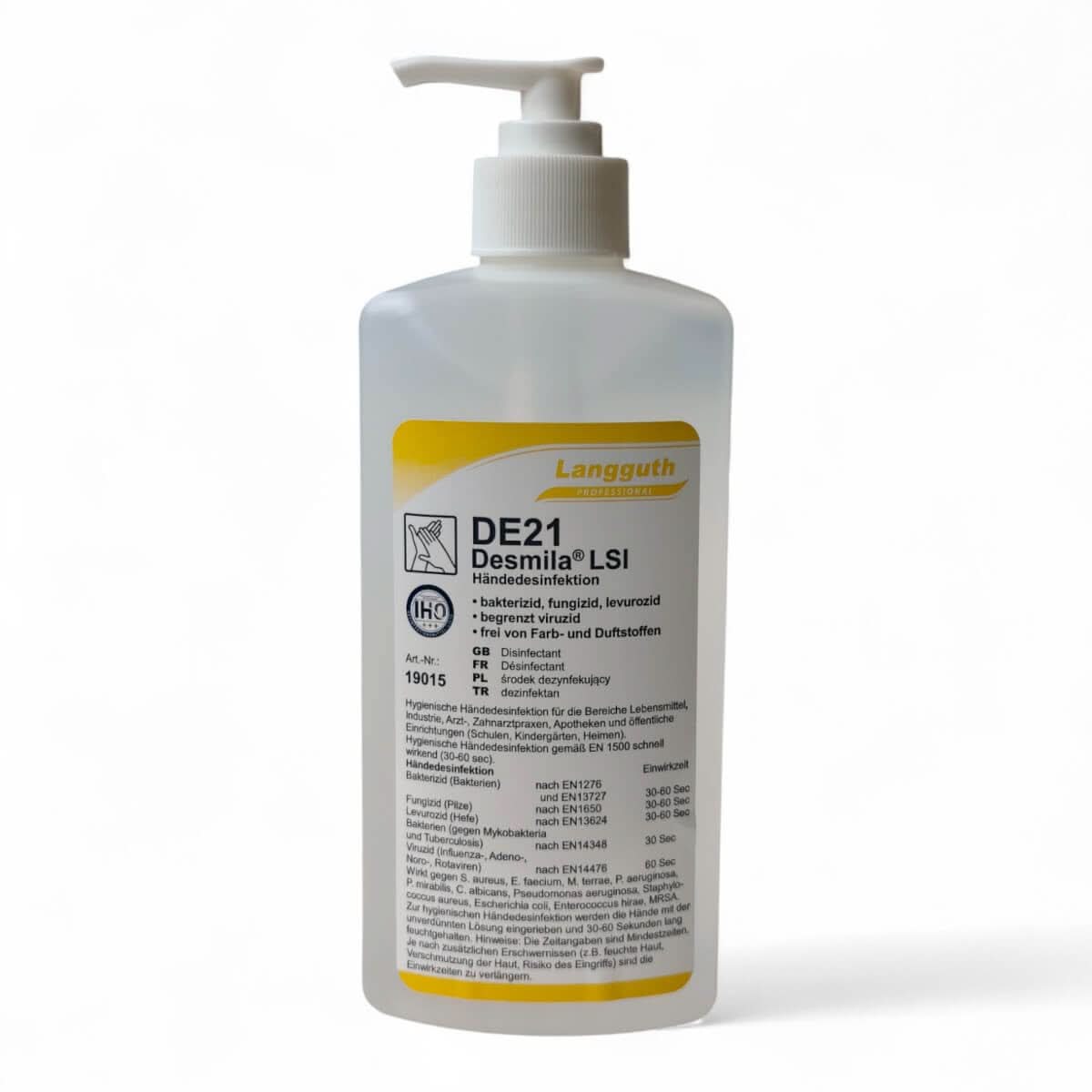 Weiße plastikflasche mit weißem pumpspender und gelbem etikett der marke langguth de21 desmila lsi händedesinfektion 500ml