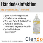 Klare plastikflasche mit weißem pumpenspender und gelbem etikett langguth de21 desmila lsi händedesinfektion 500ml
