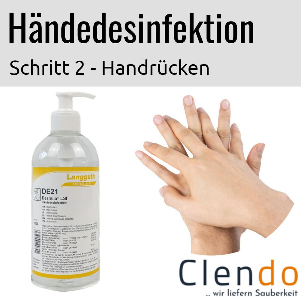 Clear plastic bottle of langguth de21 desmila lsi hand sanitizer with white pump and yellow label for hand disinfection
