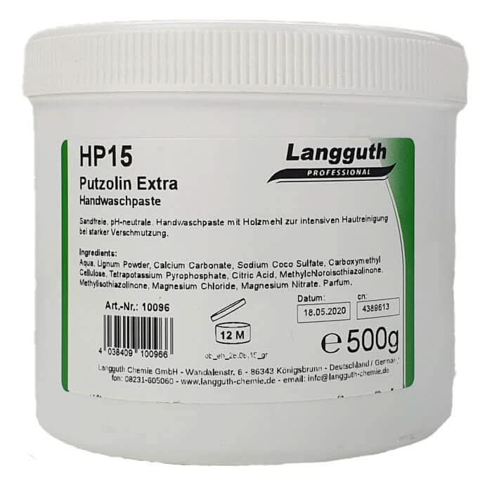 Weißer plastikbehälter mit grün-weißem etikett hp15 putzolin extra handwaschpaste von langguth professional 500g