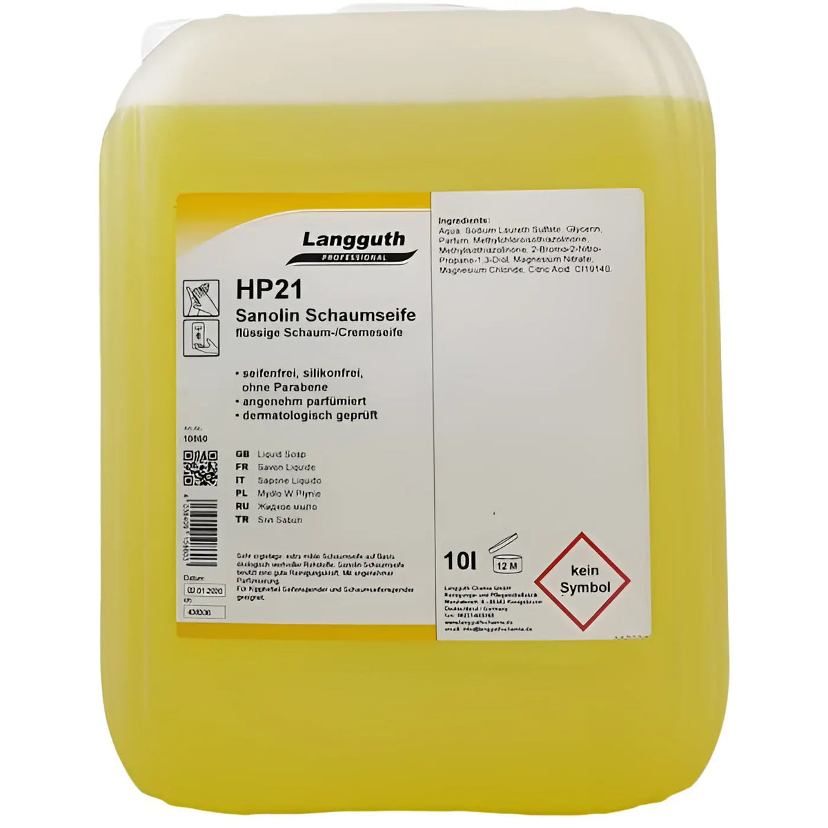 Gelbe flüssigseife in weißem kunststoffbehälter mit label langguth professional hp21 sanolin schaumseife 10l