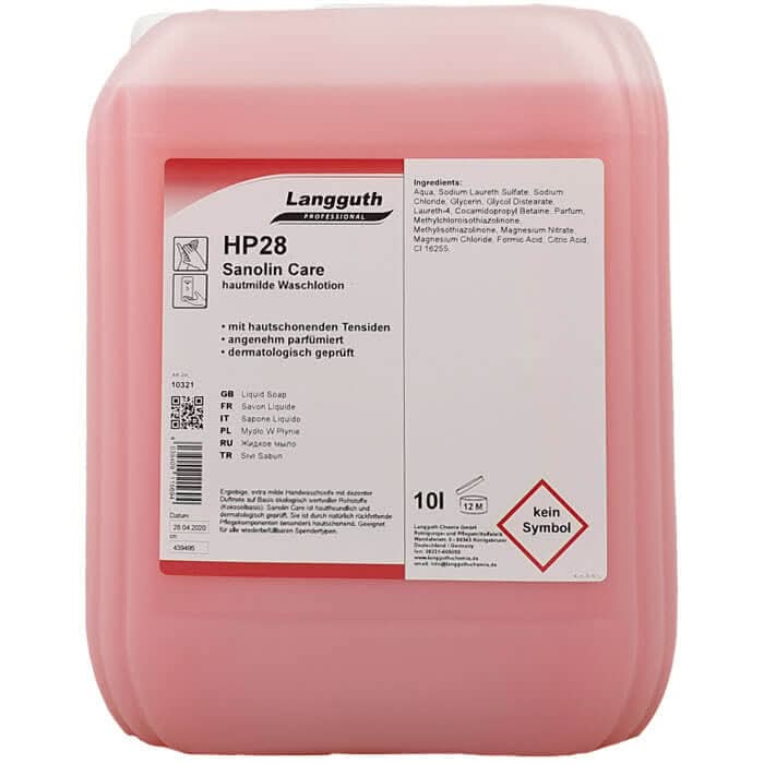 Langguth hp28 sanolin care flüssigseife 10l pinke professionelle seife in plastikkanister für hygienische reinigung