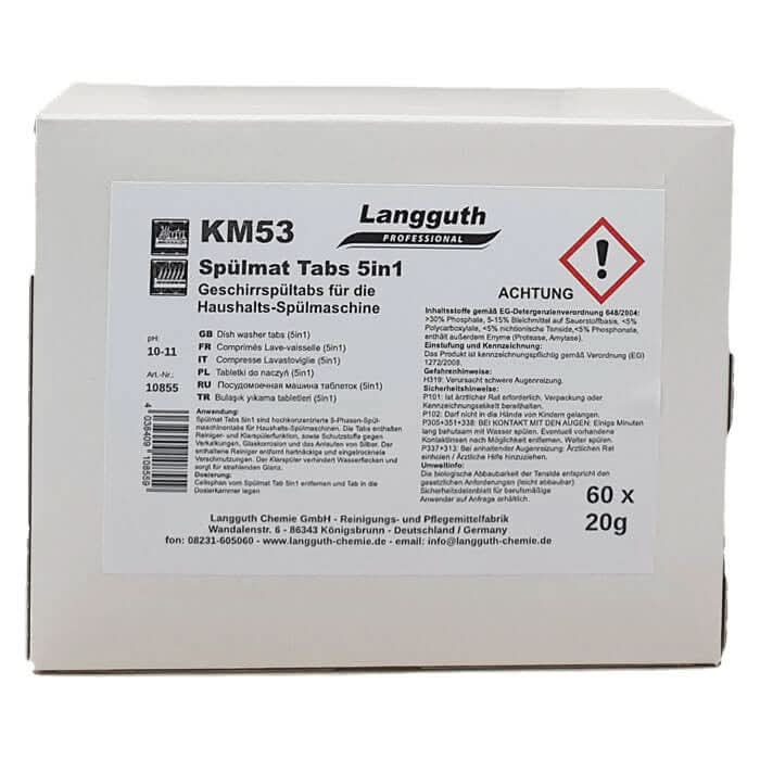 Weiße kartonverpackung von langguth professional km53 spülmatt tabs 5in1 geschirrspültabs 60 stück