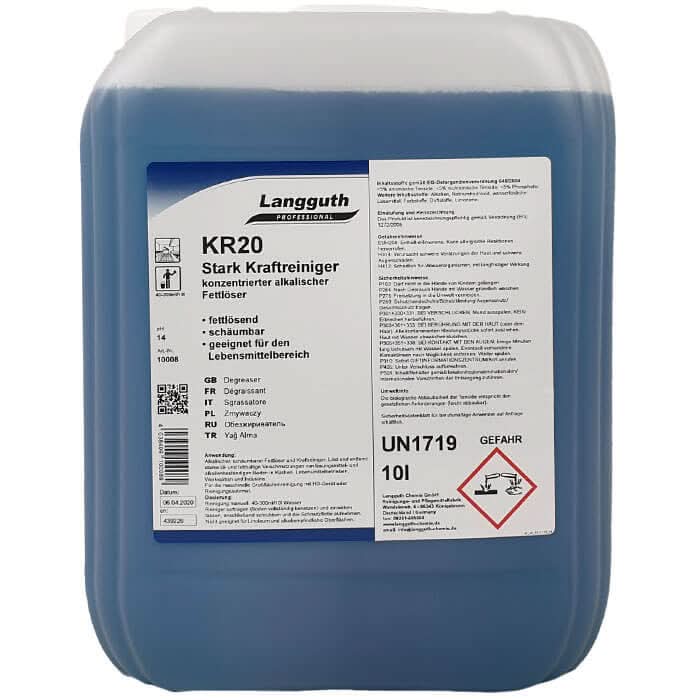 Grauer kunststoffbehälter mit blauem etikett der marke langguth professional kr20 konzentrierter alkalischer fettlöser 10l