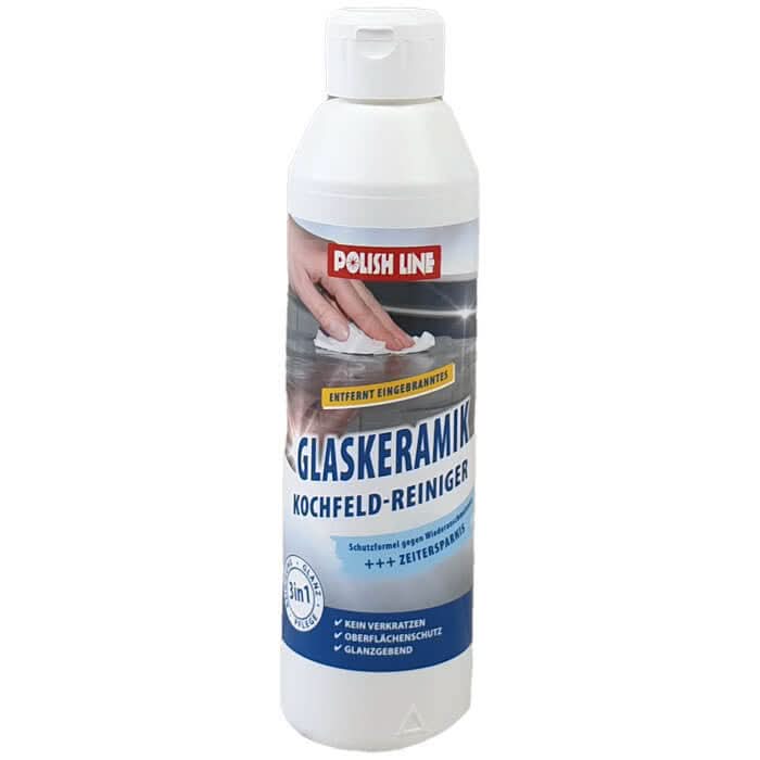 Weiße plastikflasche langguth kr30 polish line glaskeramik-kochfeld reiniger 250ml mit 3-in-1 effekt und mehrsprachigem etikett