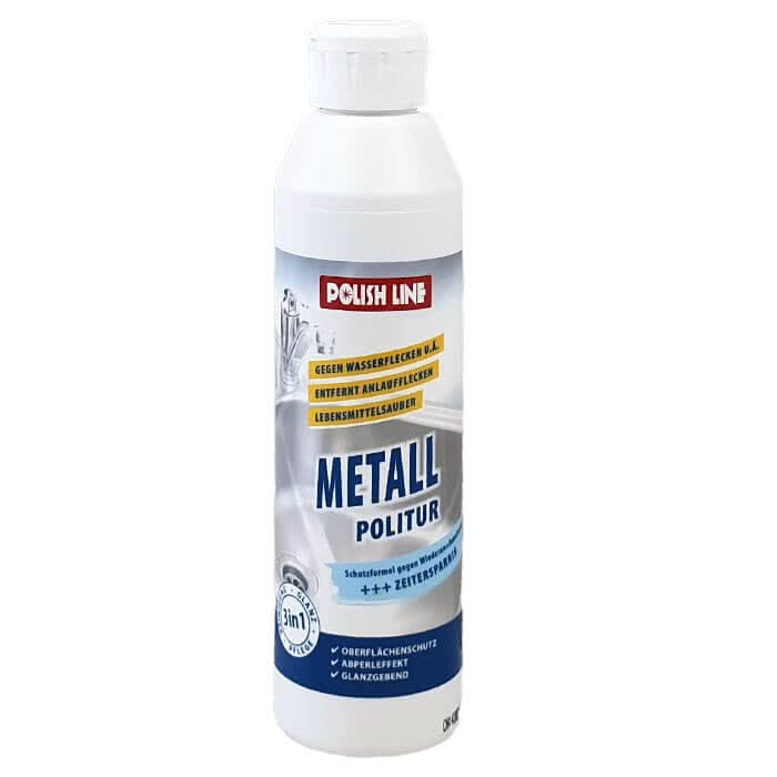 Weiße kunststoffflasche langguth KR55 polish line metallpolitur 250ml 3 in 1 metallreiniger und schutz mit silbernem etikett