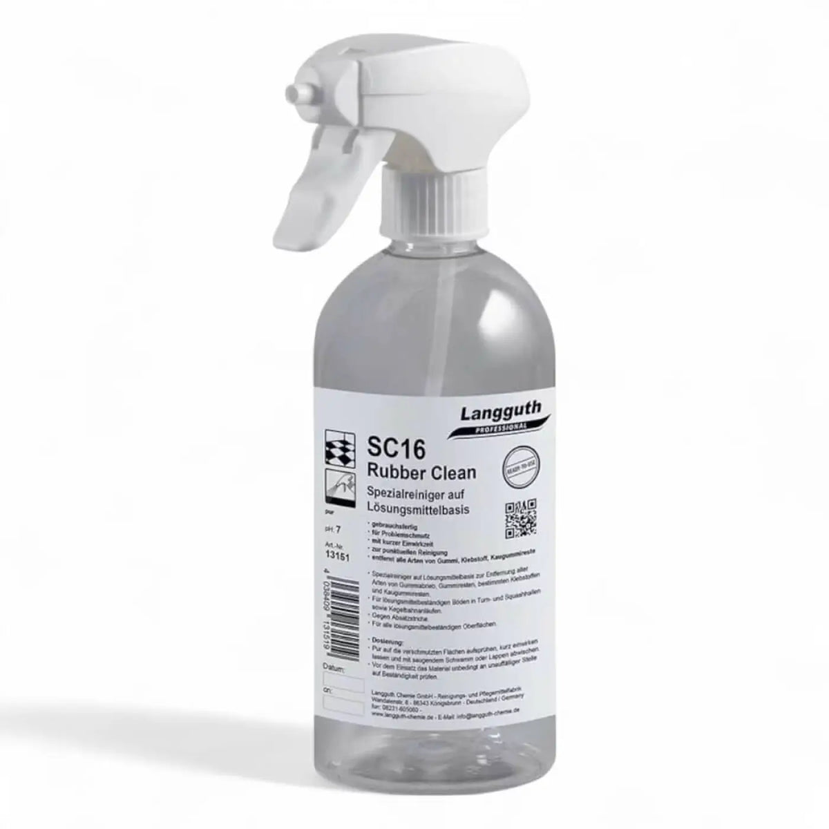 Klare kunststoff-sprühflasche mit weißem abzug und etikett langguth sc16 rubber clean strichentferner 500ml