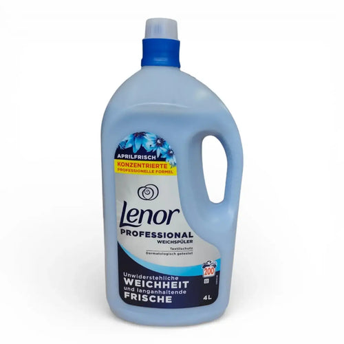 Lichtblaue plastikflasche lenor professional weichspüler 4l aprilfrisch mit blauem deckel und griff