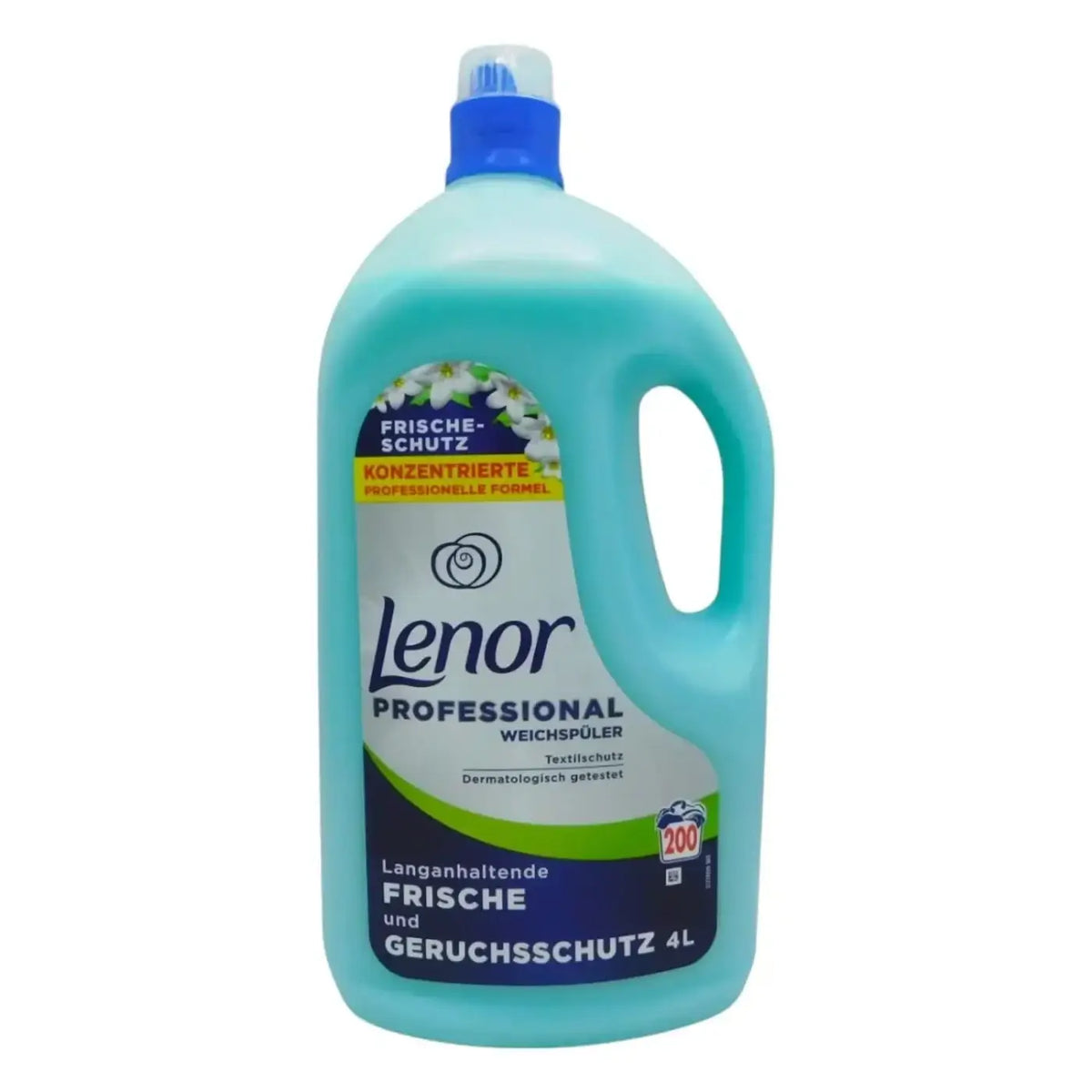 Lichtblaue kunststoffflasche lenor professional weichspüler 200wl 4l mit blauem deckel und griff für frische-schutz