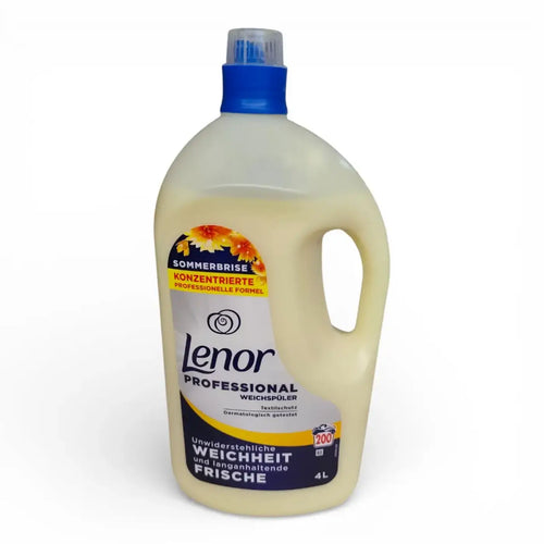 Ein 4 liter flasche lenor professional weichspüler mit blauem deckel und sommerbrise duft etikett