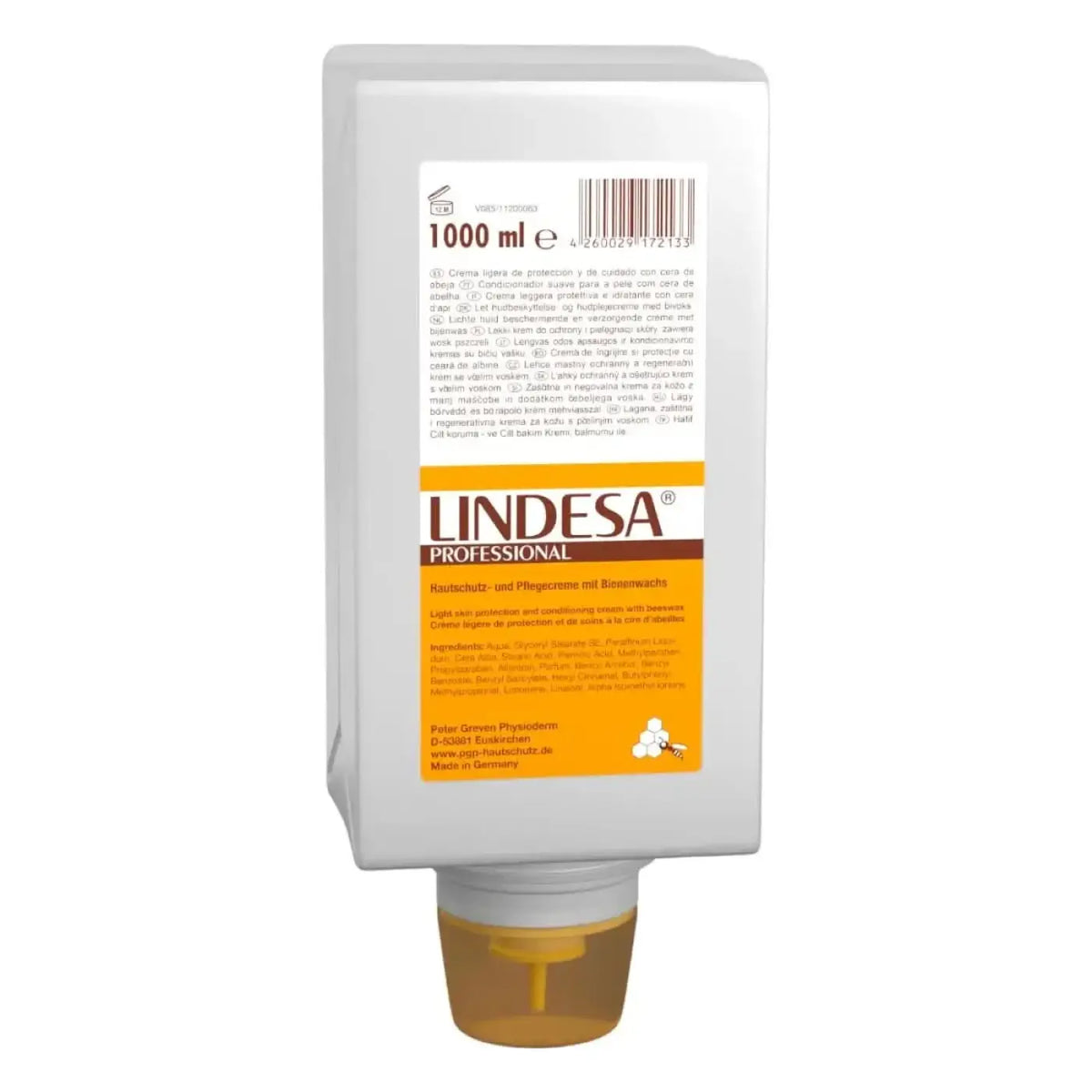 Weiße plastikflasche mit orangebraunem etikett lindesa professional hautpflege lindesä 1000 ml haar und kopfhautcreme