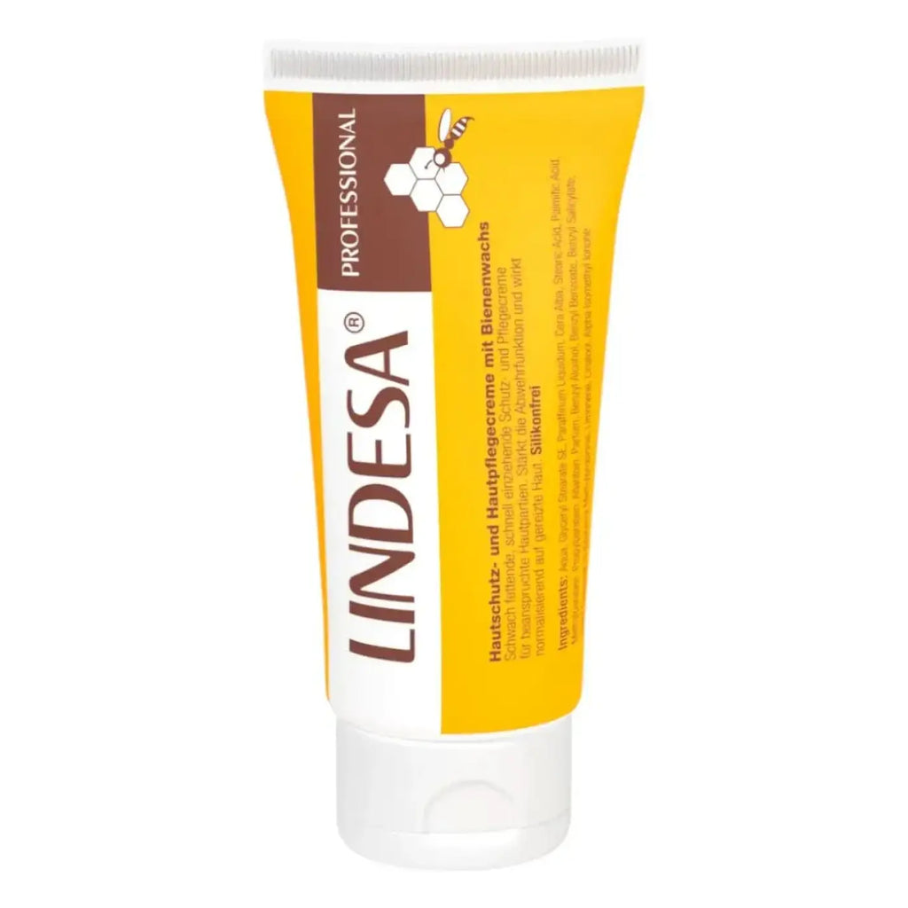 Gelbe und weiße tube lindesa pure professional hautschutzcreme mit bienenwachs für professionelle hautpflege