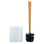 Schwarze silikon toilettenbürste mit bambusgriff und weißem zylinderhalter im loowy woodline borstenlose set