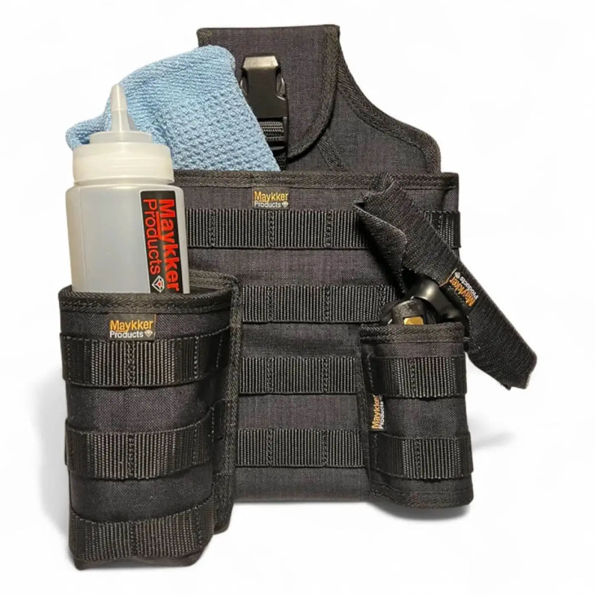 Schwarzer taktischer werkzeuggürtel mit mehreren fächern und verstellbaren riemen im maykkr covert trio set