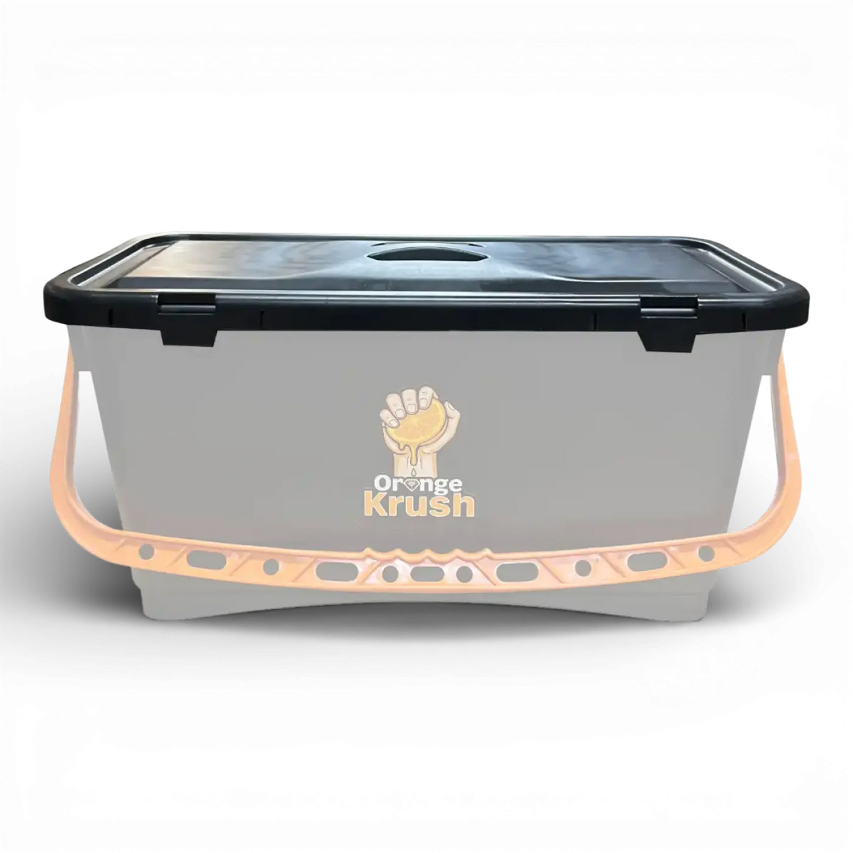 Grauer plastik Eimer mit schwarzem Deckel und pfirsichfarbenem Griff mit orange krush Logo für 22 liter von maykker