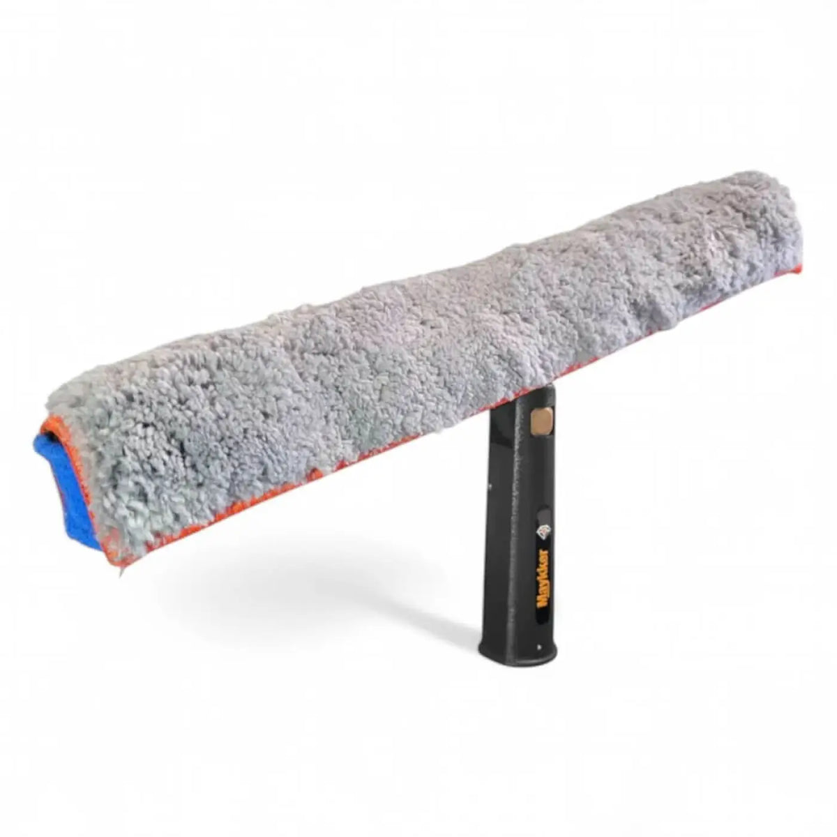 Gray plush microfiber einwascherkopf mit blau orange akzenten auf schwarzem mopmaster griff im maykker python set