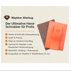 Orange plastikgriff schrubber mit braunem walnusspad und geprägtem blattlogo von maykker jitterbug