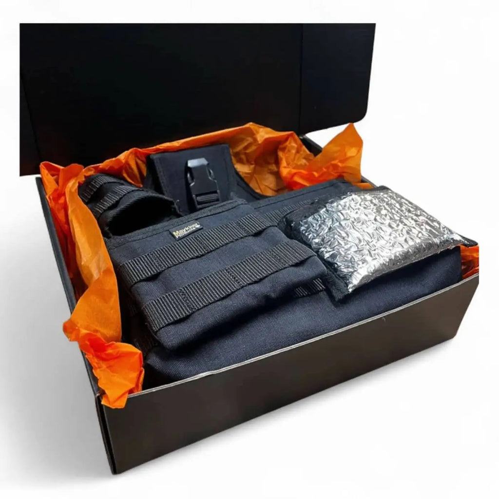 Schwarzer maykker mission ready set taktischer organizer mit verstellbaren riemen und silberner reflektierender tasche in einer orangenen schachtel