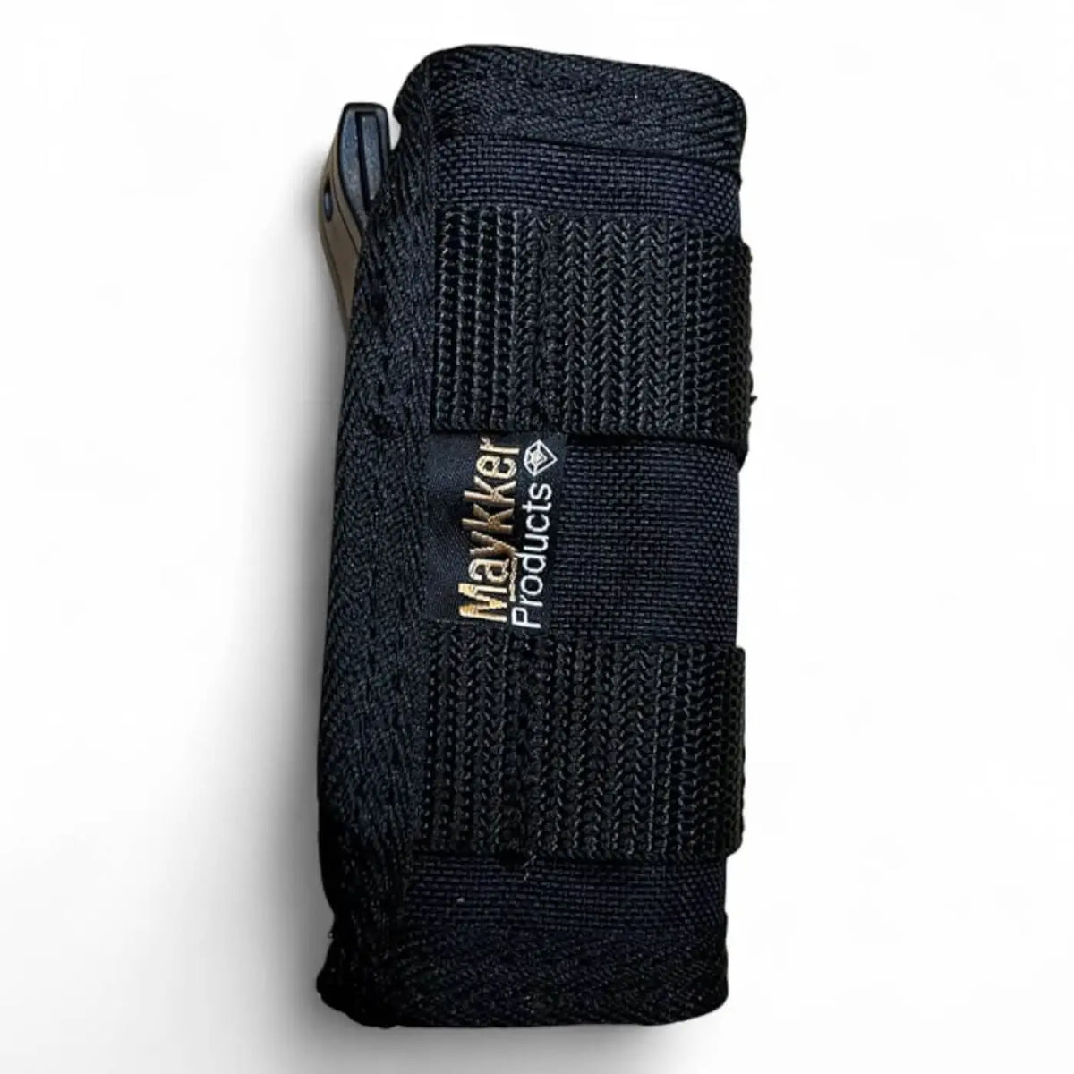 Schwarzes gewebtes holster aus stoff mit maykkker products logo patch für die maykkker smart bag smarttube