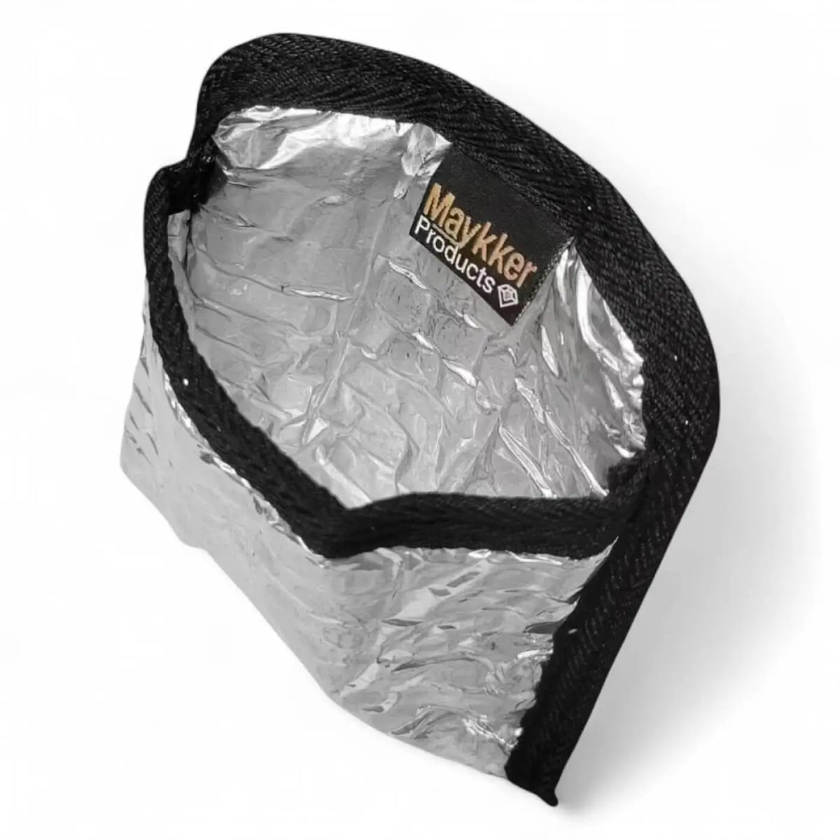 Maykker smart bag tannerpouch small silberne reflektierende isolierungshülle mit schwarzem stoffrand und maykker label
