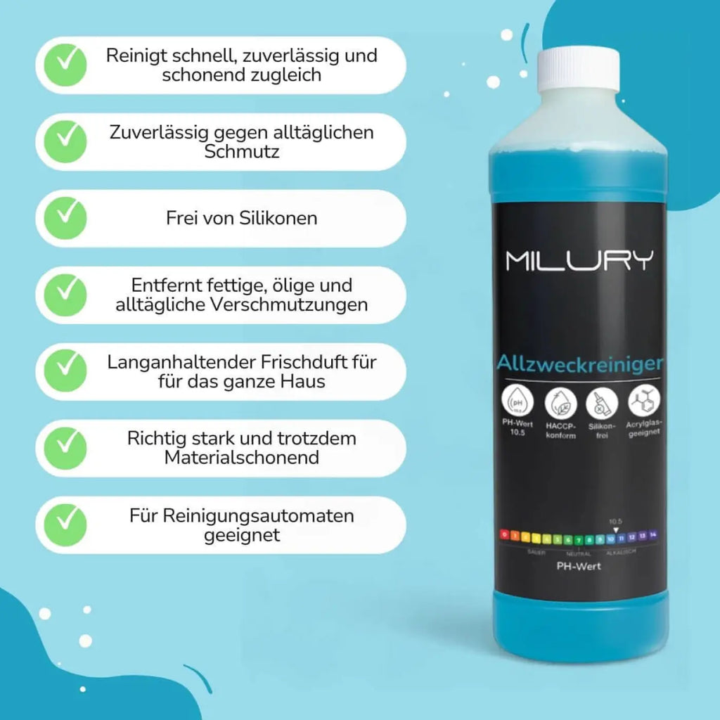 Milury allzweckreiniger konzentrat 1 liter in einer durchscheinend blauen flasche mit weißem deckel und schwarzem etikett