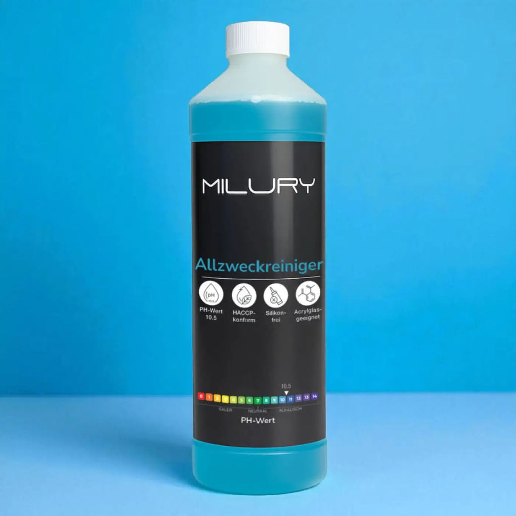 Milury allzweckreiniger konzentrat 1 liter in klarer plastikflasche mit weißem deckel und schwarzem etikett mit türkisfarbener flüssigkeit