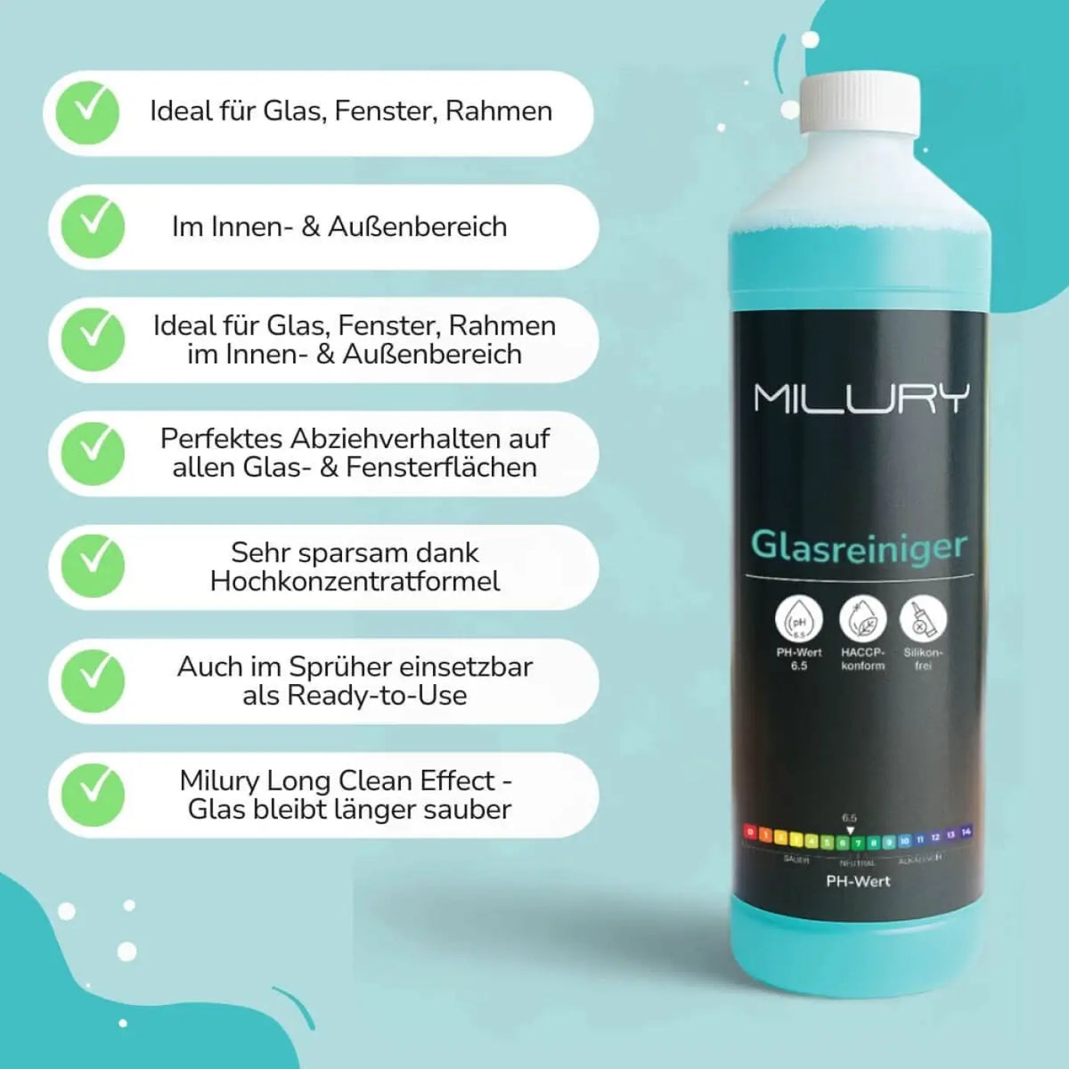 Milury glasreiniger konzentrat 1 liter in durchscheinender türkisflasche mit weißem verschluss und schwarzem etikett