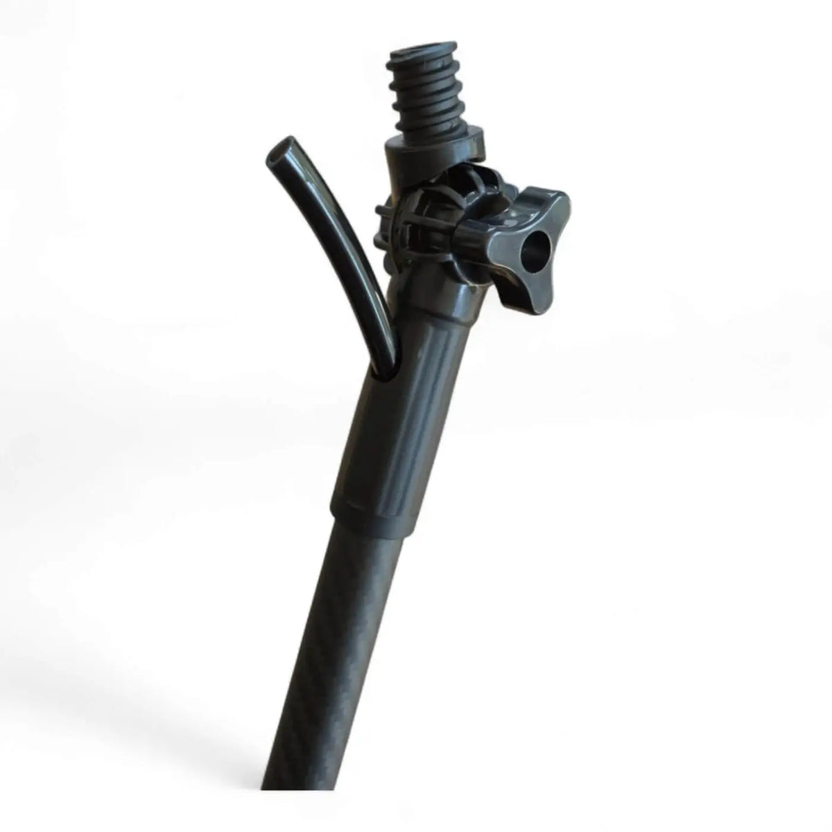Schwarzer kunststoff tripod-kopf mit gewindemontage und verstellbarer klemme für milury nex 3k vollcarbon teleskopstange