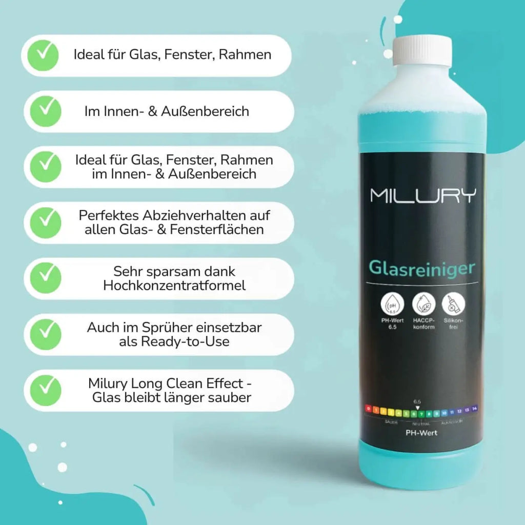 Milury glasreiniger in transluzenter türkiser flasche mit weißem deckel und schwarzem etikett im power trio reinigungsset
