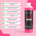 Rosa flasche milury sanitär- und badreiniger mit schwarzem etiket und weißem deckel im milury power trio reinigungsset