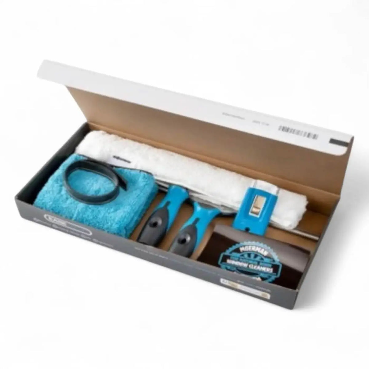Moerman 5in1 fensterreinigungs-starterkit mit blauem und schwarzem reinigungswerkzeug im markenverpackungskarton