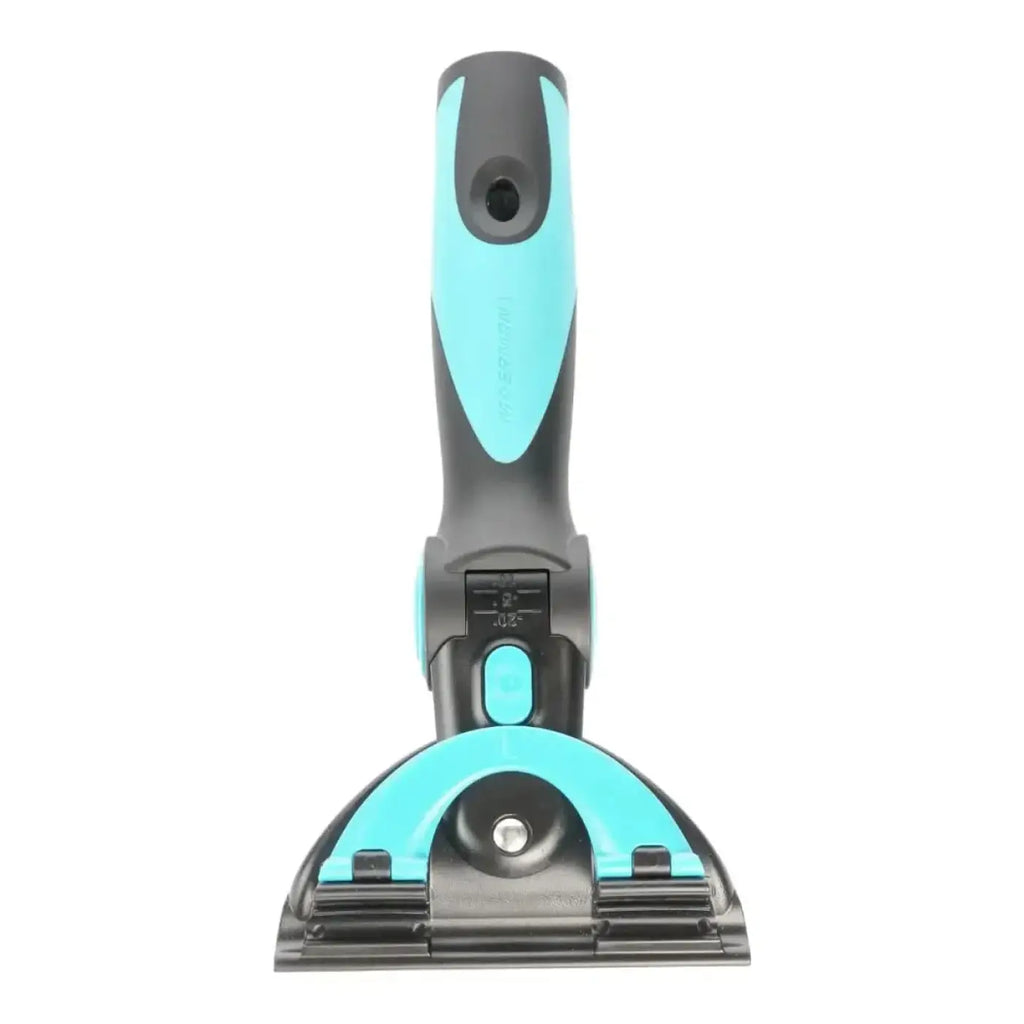 Teal und schwarze plastik-scheibenwischer mit ergonomischem griff und verstellbarem kopf moerman excelerator fensterwischer griff 2.0