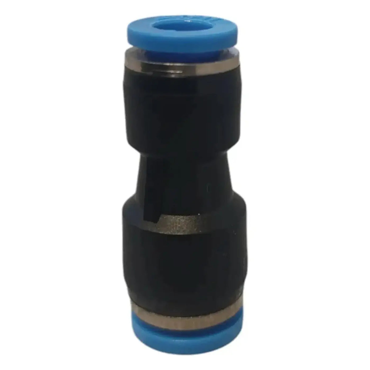 Schwarzer und blauer kunststoff pneumatischer schnellanschluss mit metallbändern moerman 6 zu 8 mm