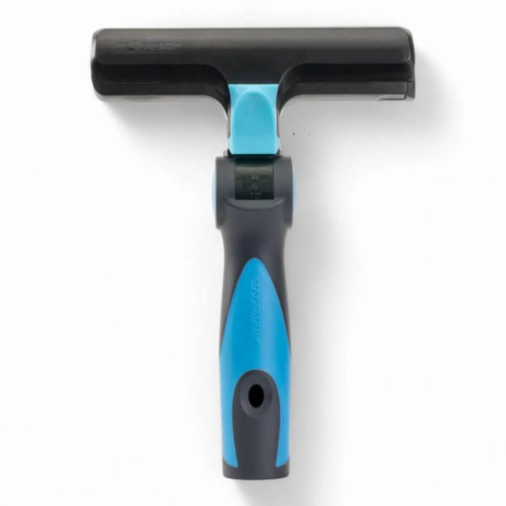Blau-schwarzes t-förmiges fensterreinigungswerkzeug moerman sharkblade schaber mit ergonomischem griff