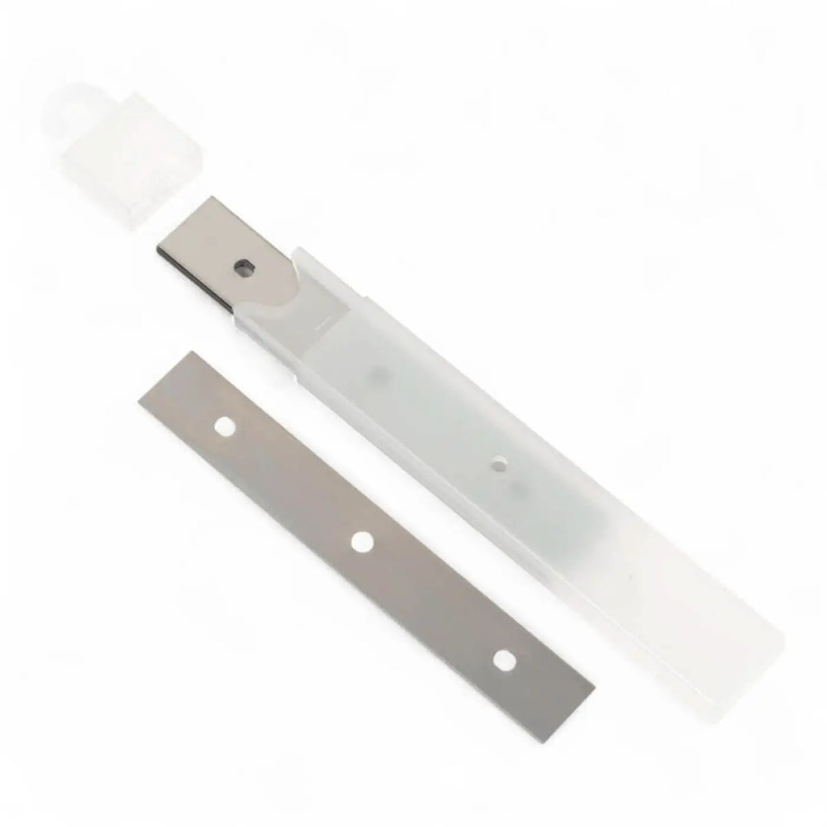 Transparent plastik klingenhalter mit metallklinge und drei runden löchern moerman sharkblade schaber klingen