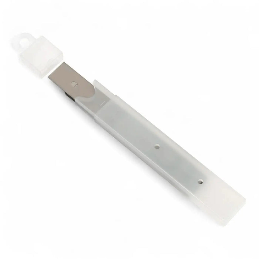 Transparent plastik nutzmesser mit metallklinge und weißem griff moerman sharkblade schaber klingen