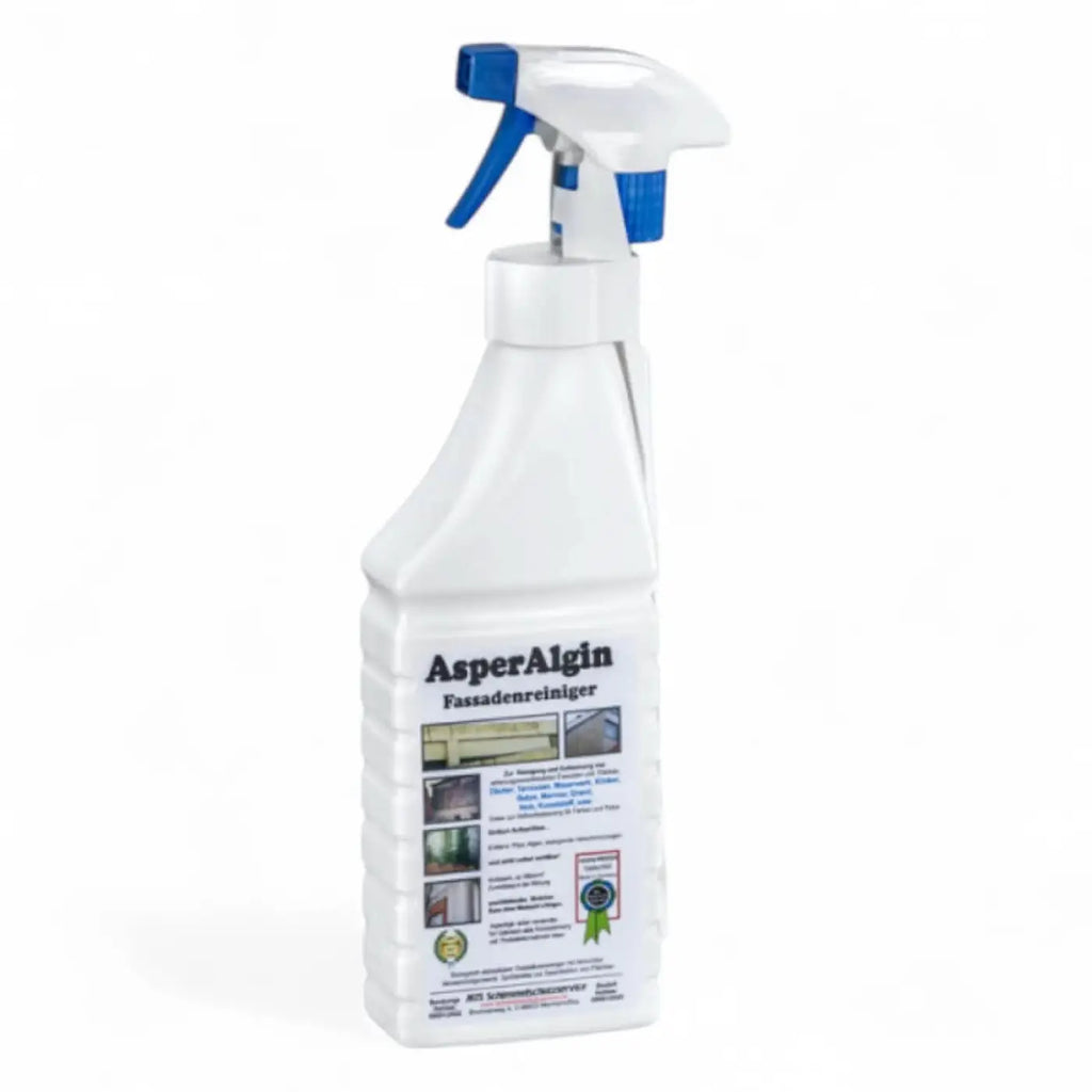 White plastic spray bottle with blue trigger labeled asperalgin fassadenreiniger for exterior wall cleaning 1l