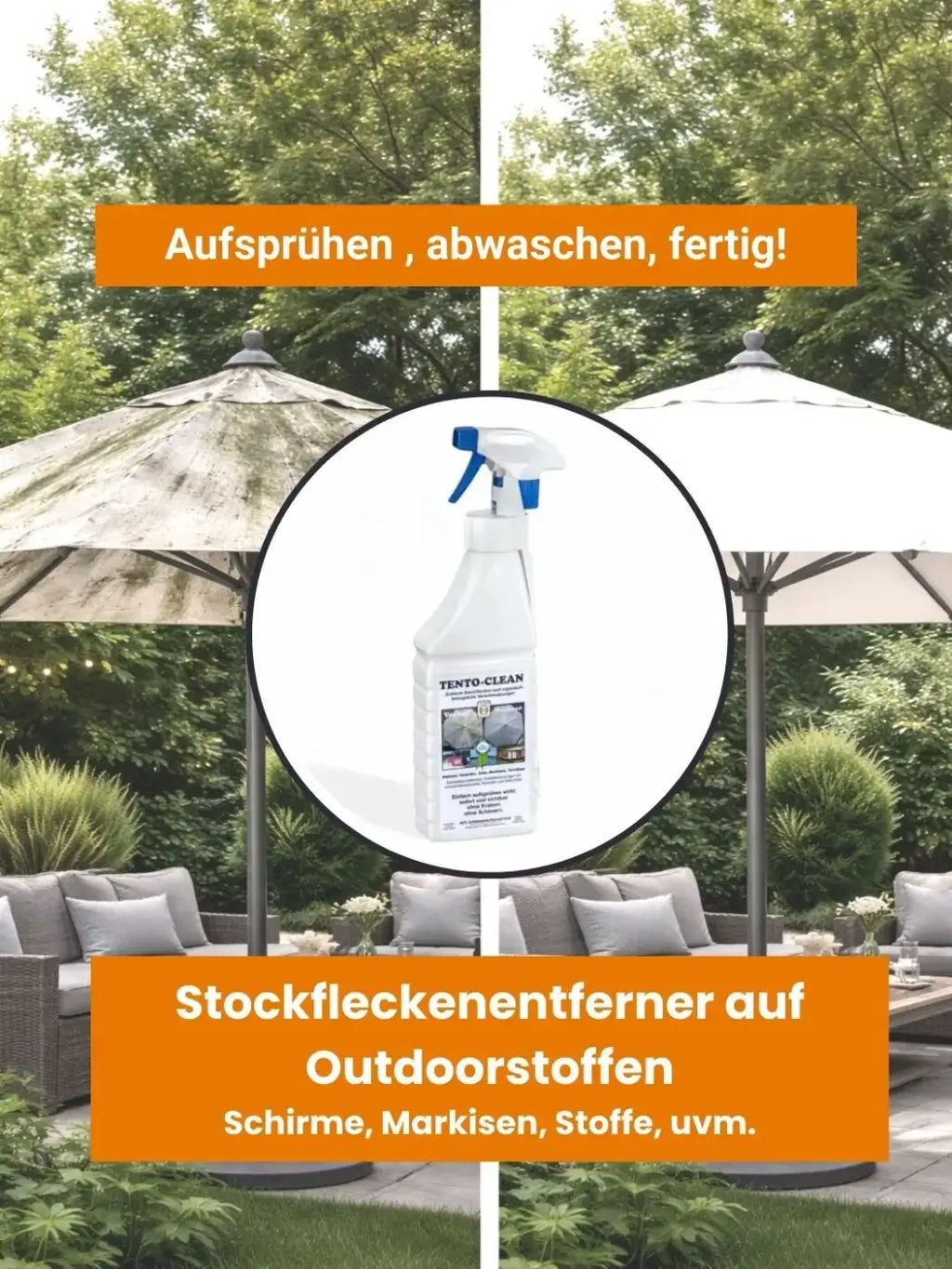 Weiße spraysflasche mit blauem trigger und tento-clean etikett für mts original tento-clean 1l stockfleckenentferner auf outdoorstoffen