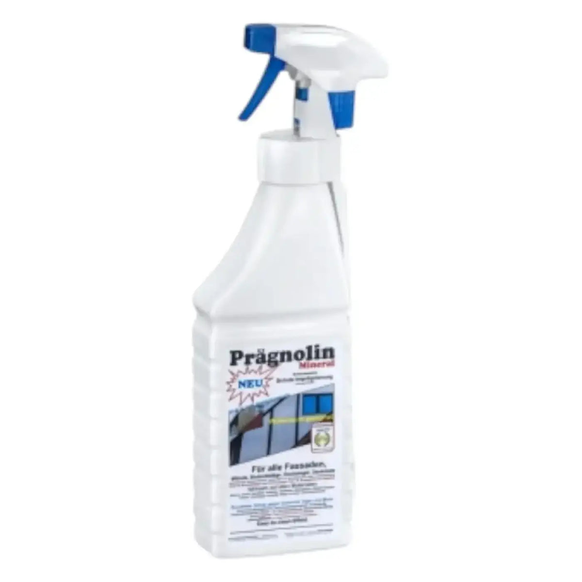 Weiße plastik-sprühflasche mit blauem abzug und prägnolin mineral etikett zur fensterreinigung