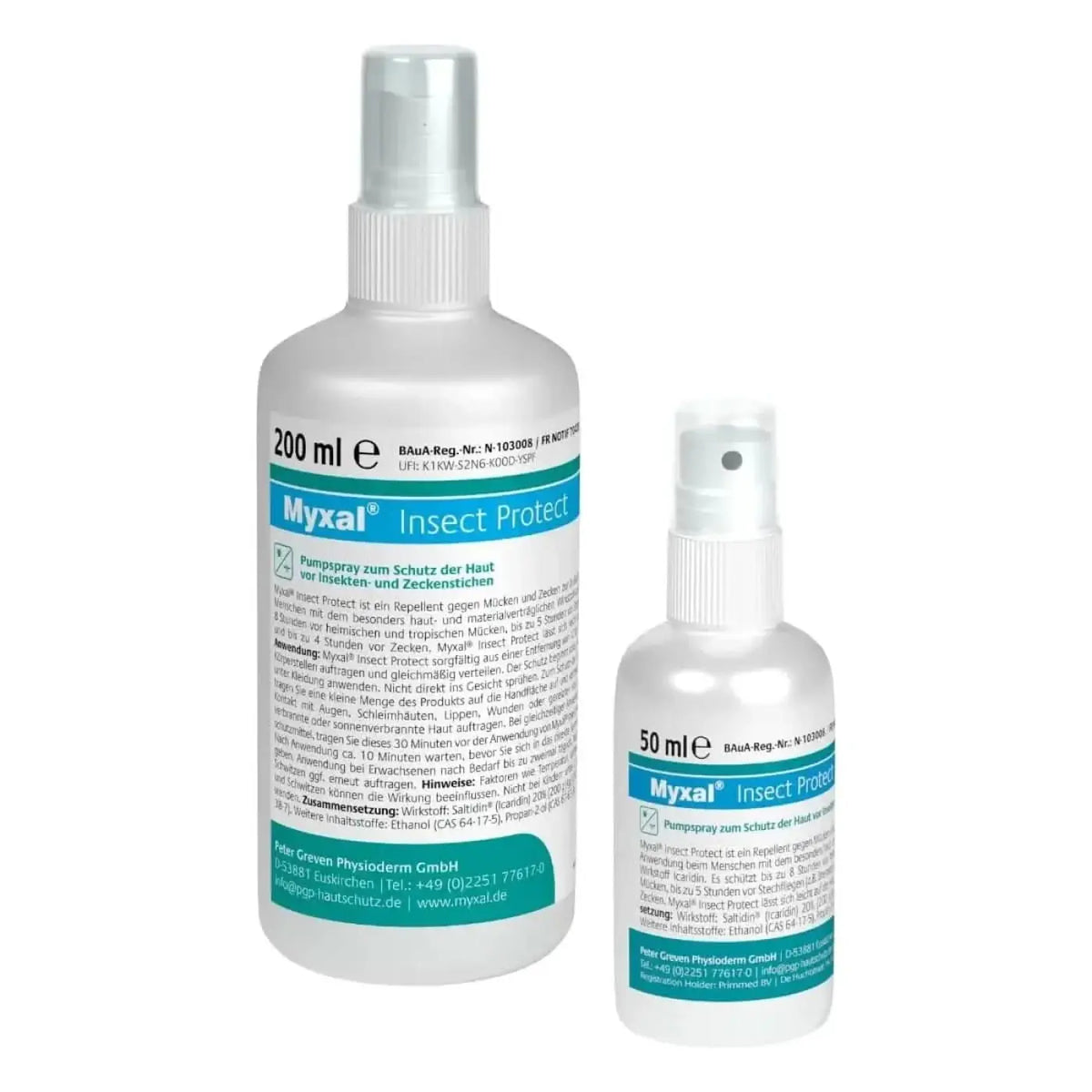Two transparent plastic spray bottles of myxal insect protect mückenspray with silver caps and teal labels in 200 ml and 50 ml sizes