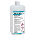 Weiße plastikflasche mit türkis-weißem etikett myxal sept 70 alkoholisches handdesinfektionsmittel 500 ml