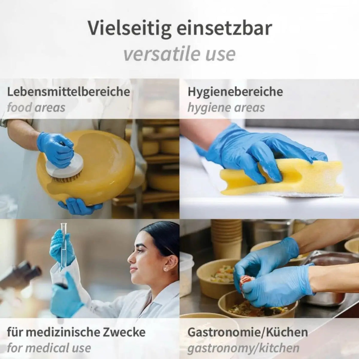 Gelber schwamm mit weißer runder bürstenaufsatz in nitrilhandschuhe rapid-on puderfrei 100 stück packaging